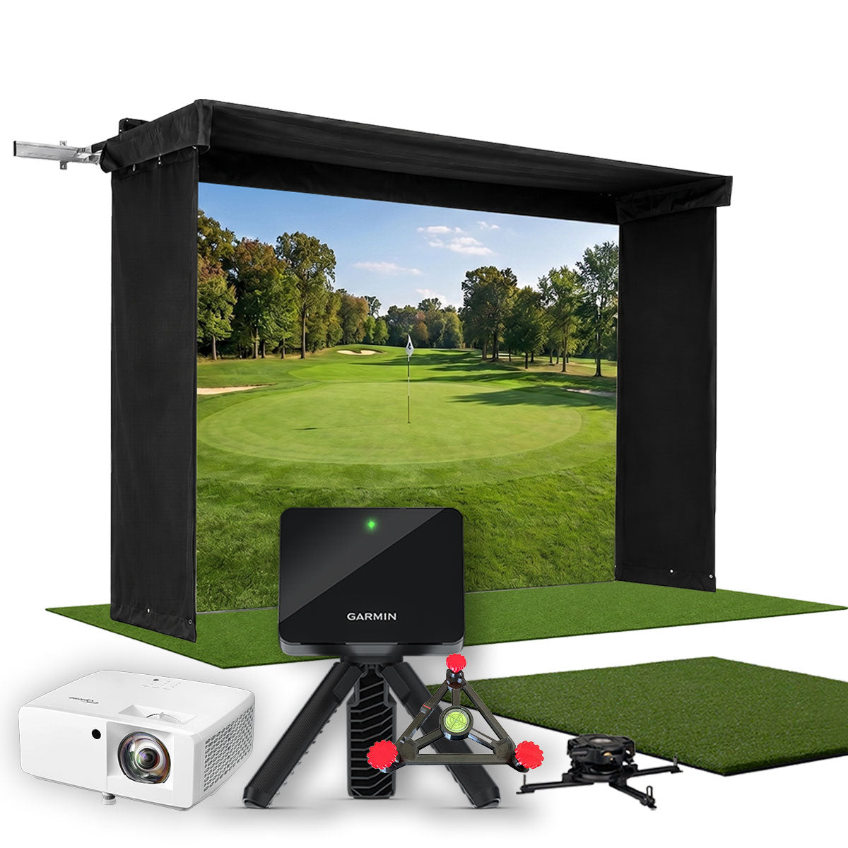 Garmin Approach R10 SportScreen Vanish LITE Hybrid-Retractable Golf Studio Complete Package | Home Golf Simulator Studio with Impact Screen, Enclosure, Hitting Mat, Putting Turf & Projector
