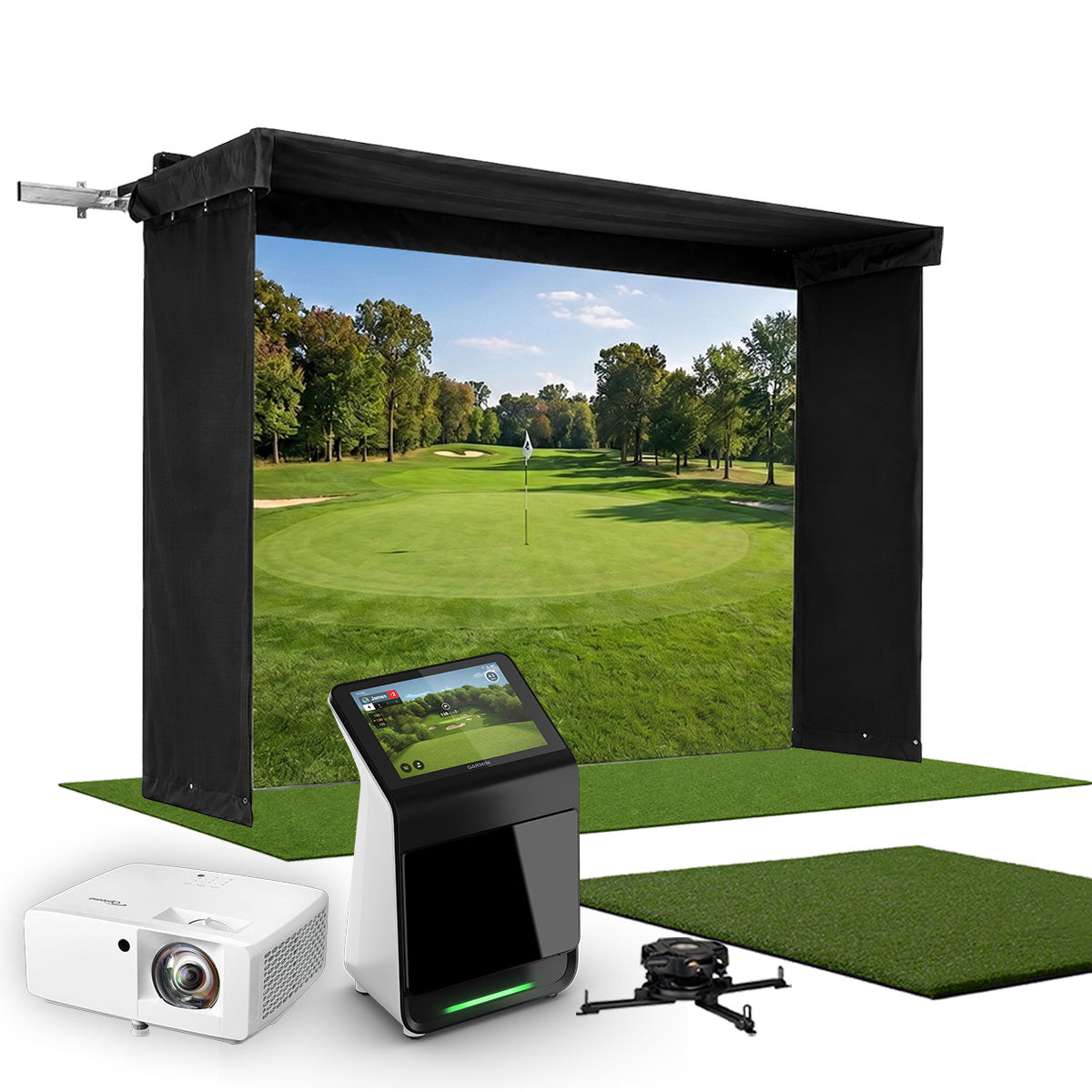 Garmin Approach R50 SportScreen Vanish LITE Hybrid-Retractable Golf Studio Complete Package | Home Golf Simulator Studio with Impact Screen, Enclosure, Hitting Mat, Putting Turf & Projector