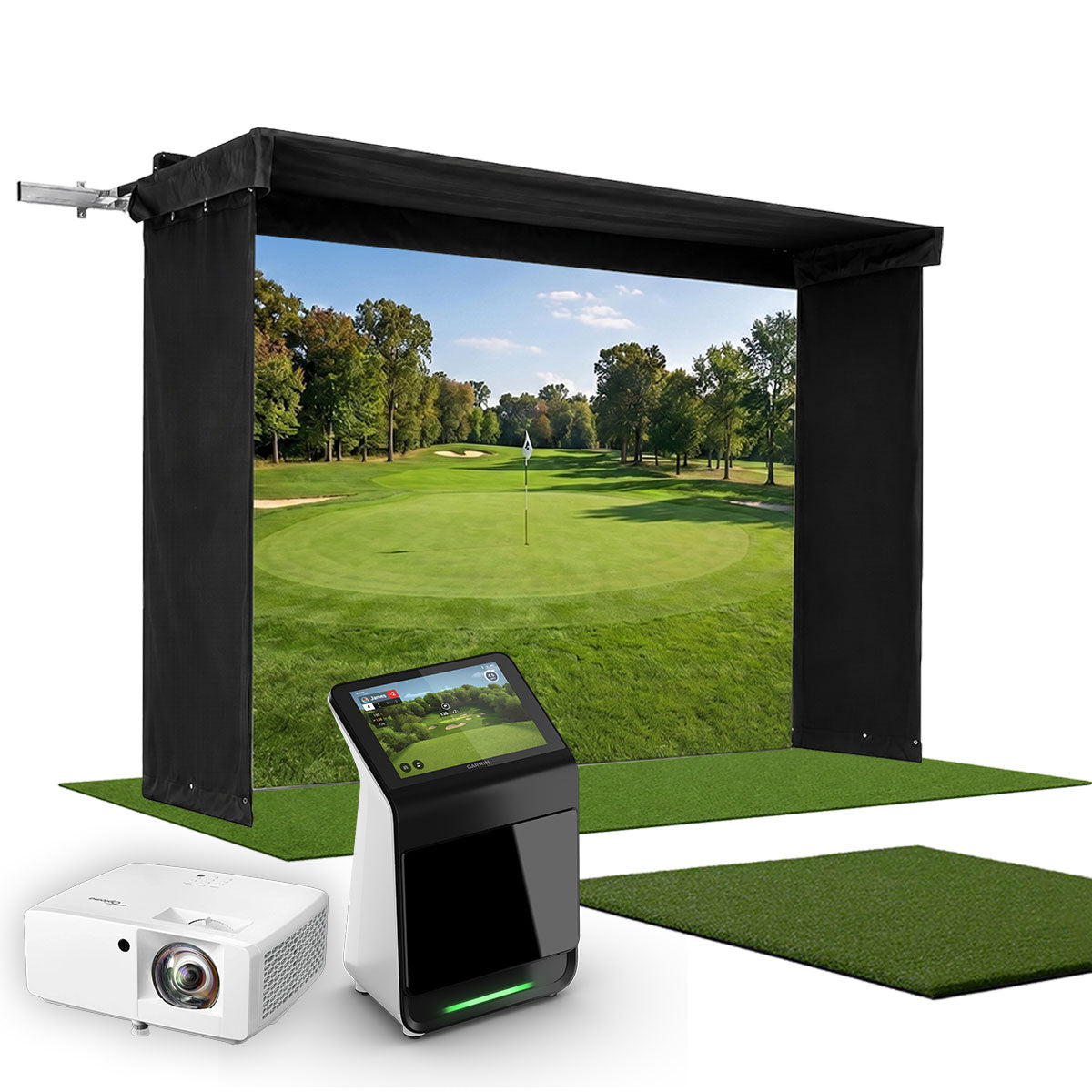 Garmin Approach R50 SportScreen Vanish LITE Hybrid-Retractable Golf Studio Complete Package | Home Golf Simulator Studio with Impact Screen, Enclosure, Hitting Mat, Putting Turf & Projector