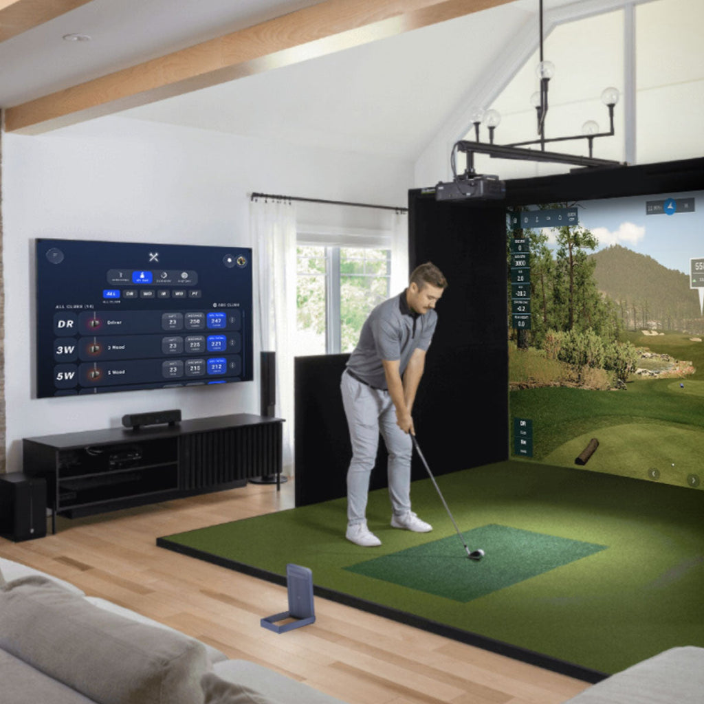 Blue Tees Golf Rainmaker SportScreen Vanish Retractable Golf Studio Complete Package | Home Golf Simulator Studio with Impact Screen, Enclosure, Hitting Mat, Putting Turf & Projector