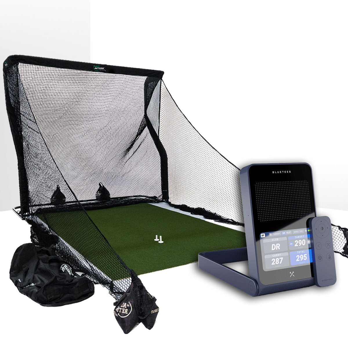 Blue Tees Golf Rainmaker Golf Launch Monitor Home Net Studio with The Net Return Premium Hitting Net Package