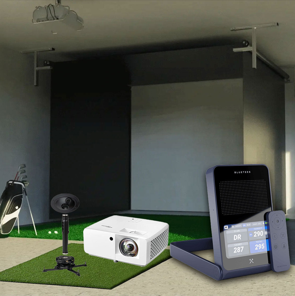 Blue Tees Golf Rainmaker SportScreen Vanish Retractable Golf Studio Complete Package | Home Golf Simulator Studio with Impact Screen, Enclosure, Hitting Mat, Putting Turf & Projector