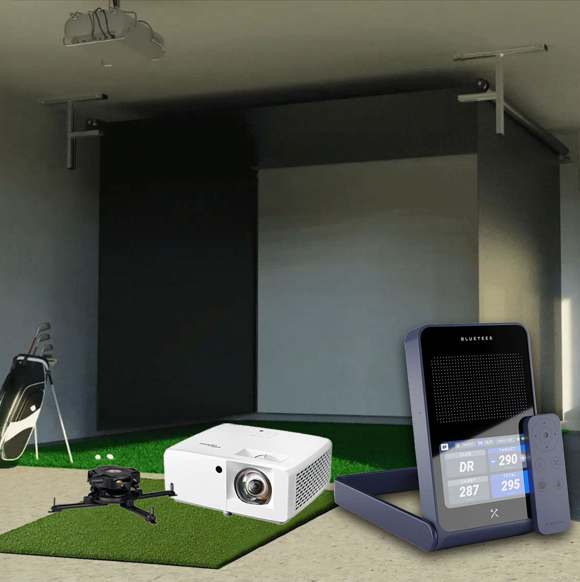 Blue Tees Golf Rainmaker SportScreen Vanish Retractable Golf Studio Complete Package | Home Golf Simulator Studio with Impact Screen, Enclosure, Hitting Mat, Putting Turf & Projector