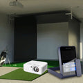 Blue Tees Golf Rainmaker SportScreen Vanish Retractable Golf Studio Complete Package | Home Golf Simulator Studio with Impact Screen, Enclosure, Hitting Mat, Putting Turf & Projector