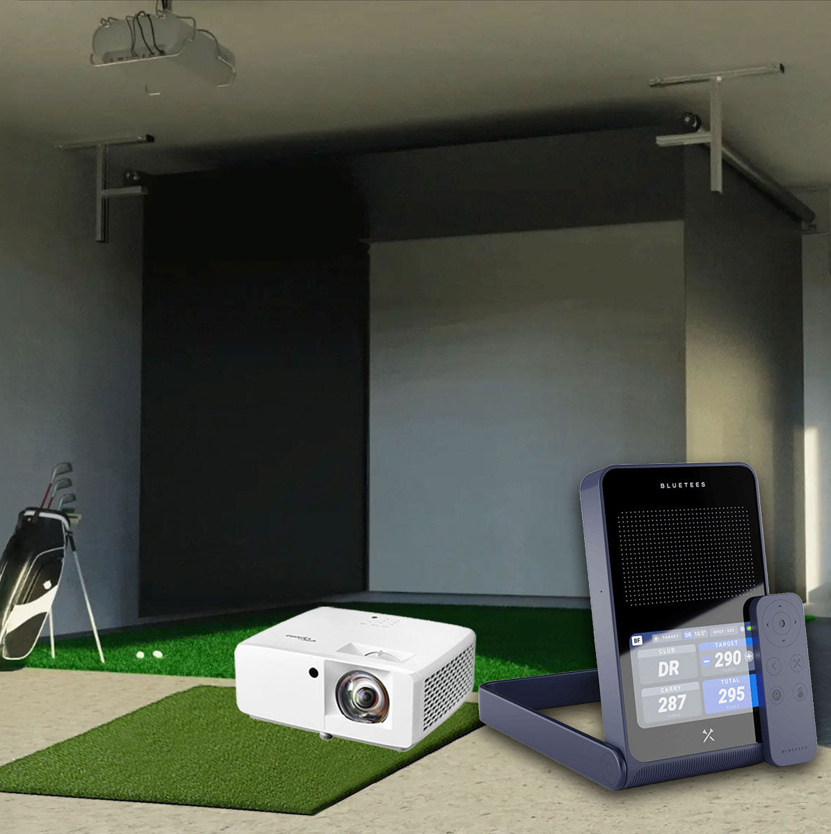 Blue Tees Golf Rainmaker SportScreen Vanish Retractable Golf Studio Complete Package | Home Golf Simulator Studio with Impact Screen, Enclosure, Hitting Mat, Putting Turf & Projector
