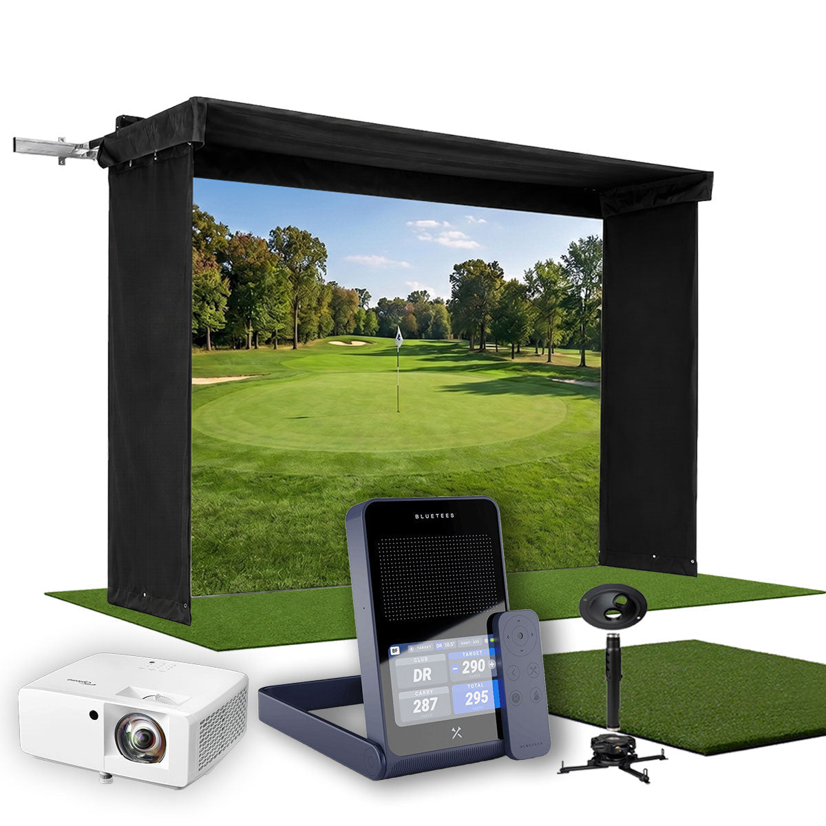 Blue Tees Golf Rainmaker SportScreen Vanish LITE Hybrid-Retractable Golf Studio Complete Package | Home Golf Simulator Studio with Impact Screen, Enclosure, Hitting Mat, Putting Turf & Projector