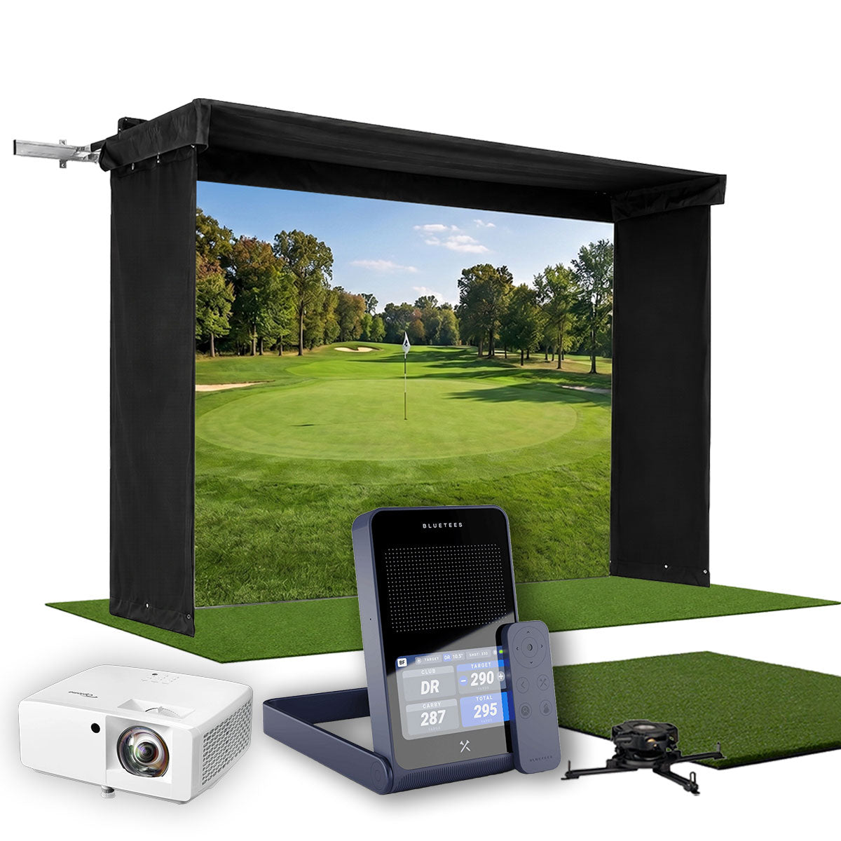 Blue Tees Golf Rainmaker SportScreen Vanish LITE Hybrid-Retractable Golf Studio Complete Package | Home Golf Simulator Studio with Impact Screen, Enclosure, Hitting Mat, Putting Turf & Projector
