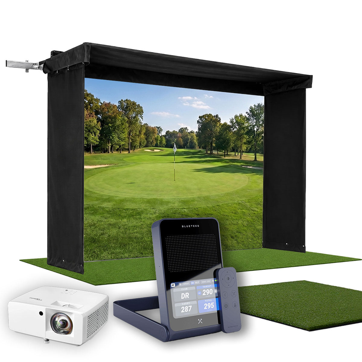 Blue Tees Golf Rainmaker SportScreen Vanish LITE Hybrid-Retractable Golf Studio Complete Package | Home Golf Simulator Studio with Impact Screen, Enclosure, Hitting Mat, Putting Turf & Projector