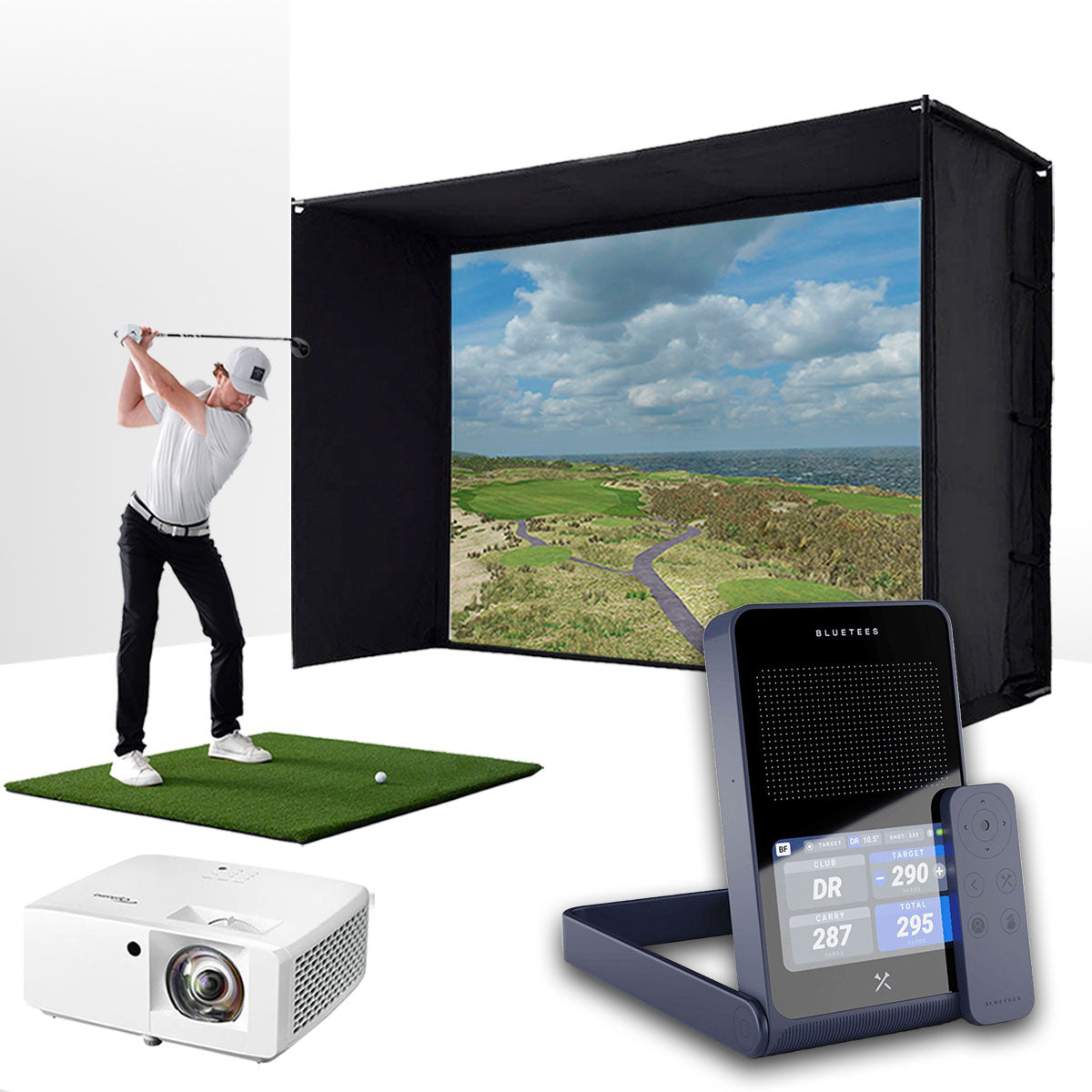 Blue Tees Golf Rainmaker with PlayBetter SimStudio™ ESSENTIALS Package | Golf Simulator Studio with Impact Screen, Enclosure, Hitting Mat & Projector