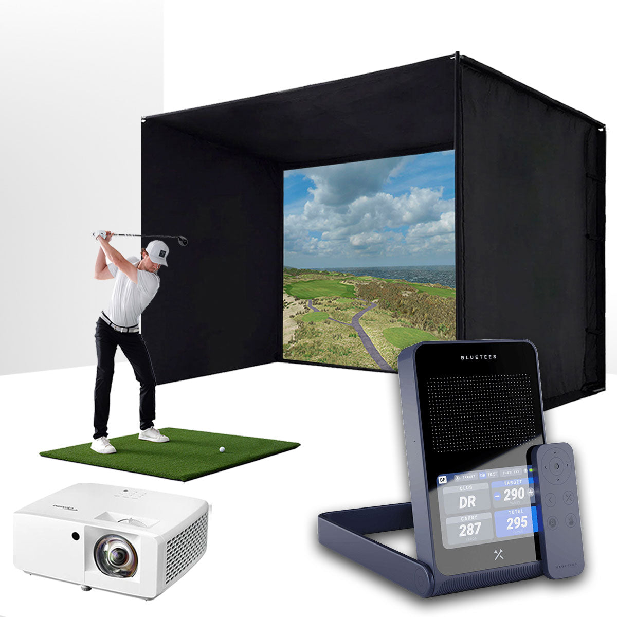 Blue Tees Golf Rainmaker with PlayBetter SimStudio™ BYO (Build Your Own) Package – Custom Home Golf Simulator Studio Builder with Impact Screen, Enclosure, Optional Mats, Projector & More