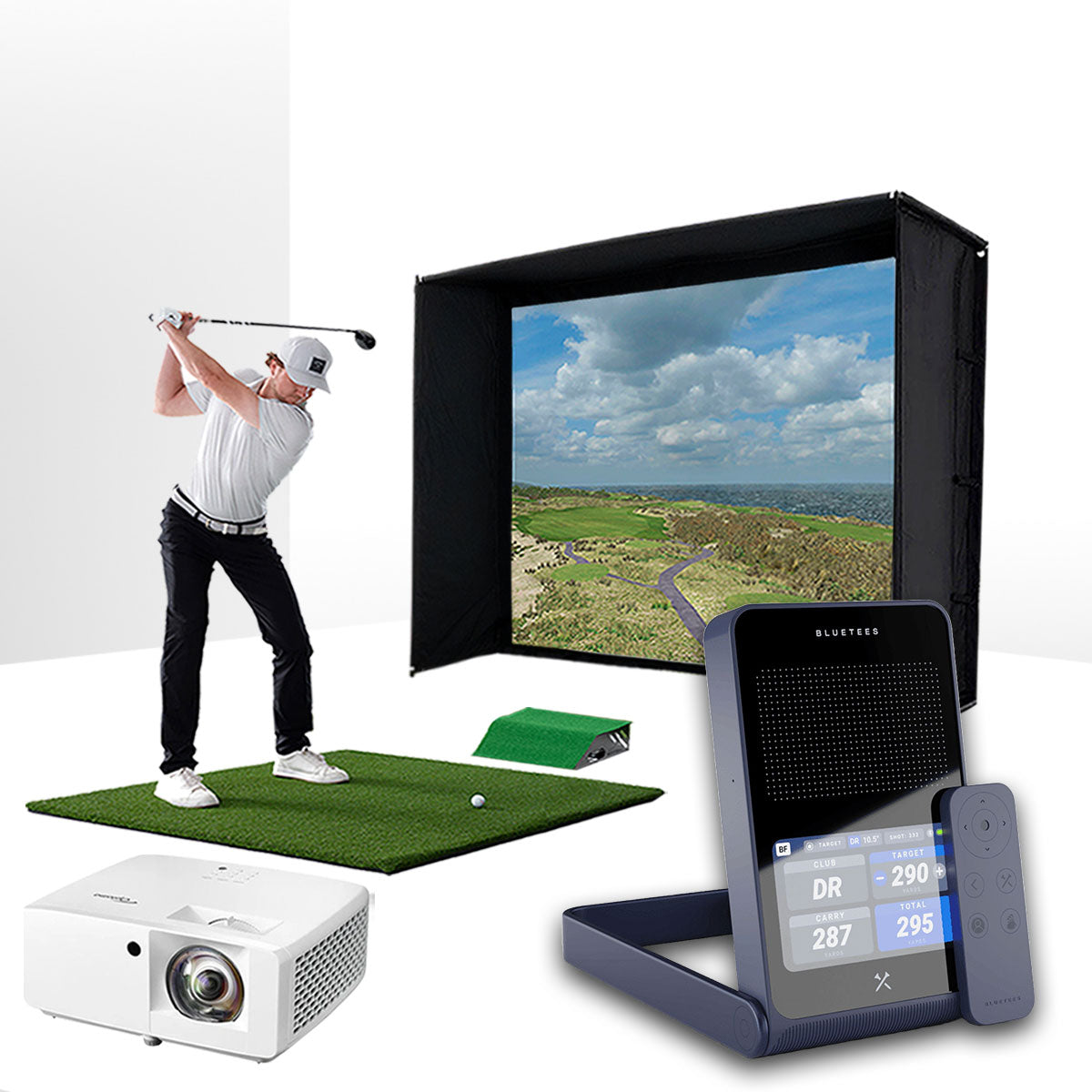 Blue Tees Golf Rainmaker with PlayBetter SimStudio™ BYO (Build Your Own) Package – Custom Home Golf Simulator Studio Builder with Impact Screen, Enclosure, Optional Mats, Projector & More