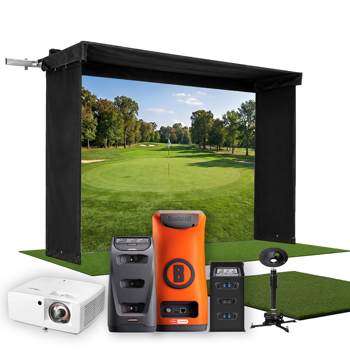 Bushnell Launch Pro Circle B SportScreen Vanish LITE Hybrid-Retractable Golf Studio Complete Package | Home Golf Simulator Studio with Impact Screen, Enclosure, Hitting Mat, Putting Turf & Projector