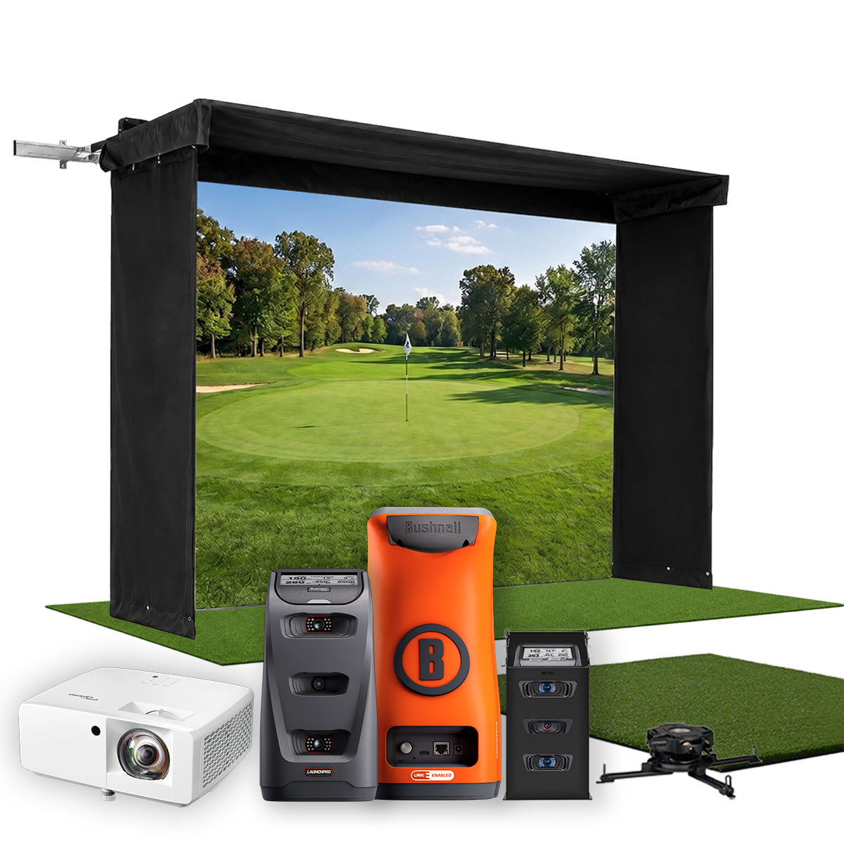 Bushnell Launch Pro Circle B SportScreen Vanish LITE Hybrid-Retractable Golf Studio Complete Package | Home Golf Simulator Studio with Impact Screen, Enclosure, Hitting Mat, Putting Turf & Projector