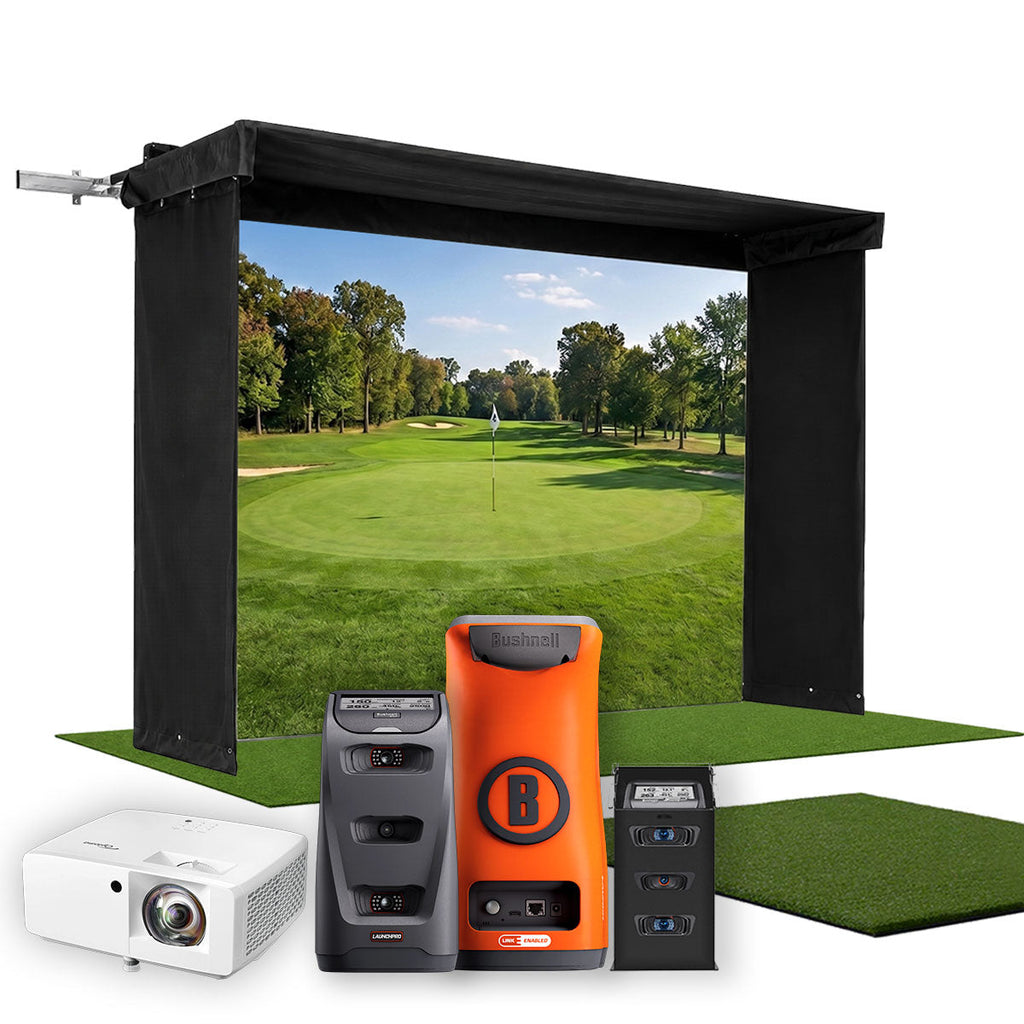 Bushnell Launch Pro Circle B SportScreen Vanish LITE Hybrid-Retractable Golf Studio Complete Package | Home Golf Simulator Studio with Impact Screen, Enclosure, Hitting Mat, Putting Turf & Projector