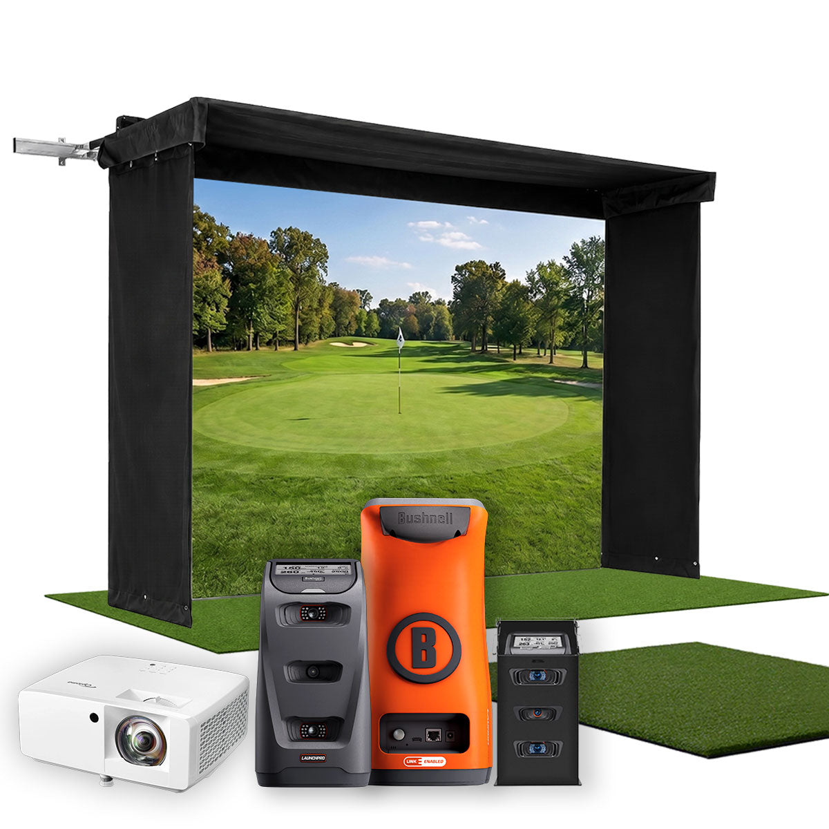 Bushnell Launch Pro Circle B SportScreen Vanish LITE Hybrid-Retractable Golf Studio Complete Package | Home Golf Simulator Studio with Impact Screen, Enclosure, Hitting Mat, Putting Turf & Projector