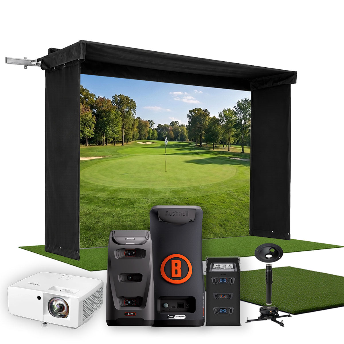 Bushnell LPi Circle B SportScreen Vanish LITE Hybrid-Retractable Golf Studio Complete Package | Home Golf Simulator Studio with Impact Screen, Enclosure, Hitting Mat, Putting Turf & Projector