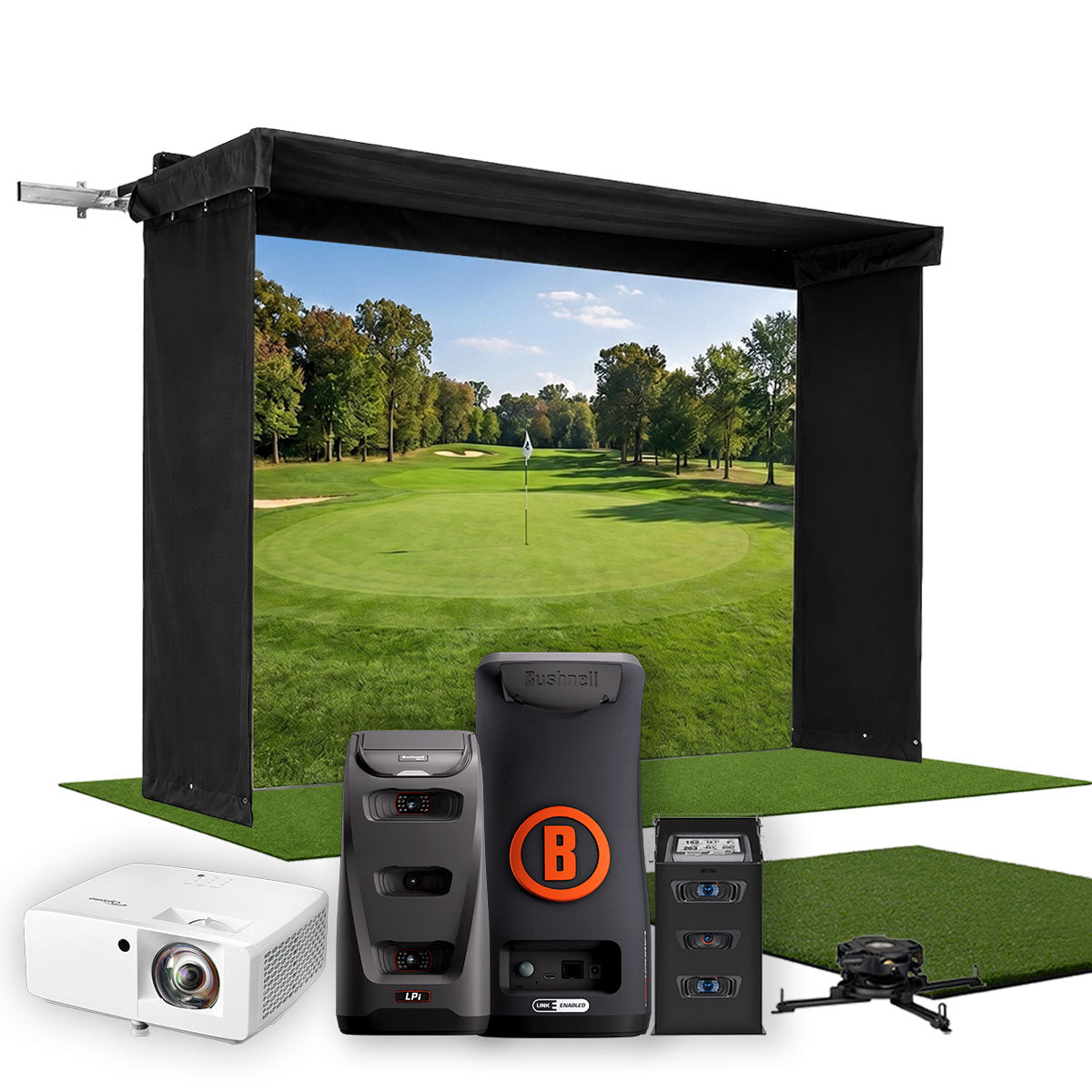 Bushnell LPi Circle B SportScreen Vanish LITE Hybrid-Retractable Golf Studio Complete Package | Home Golf Simulator Studio with Impact Screen, Enclosure, Hitting Mat, Putting Turf & Projector