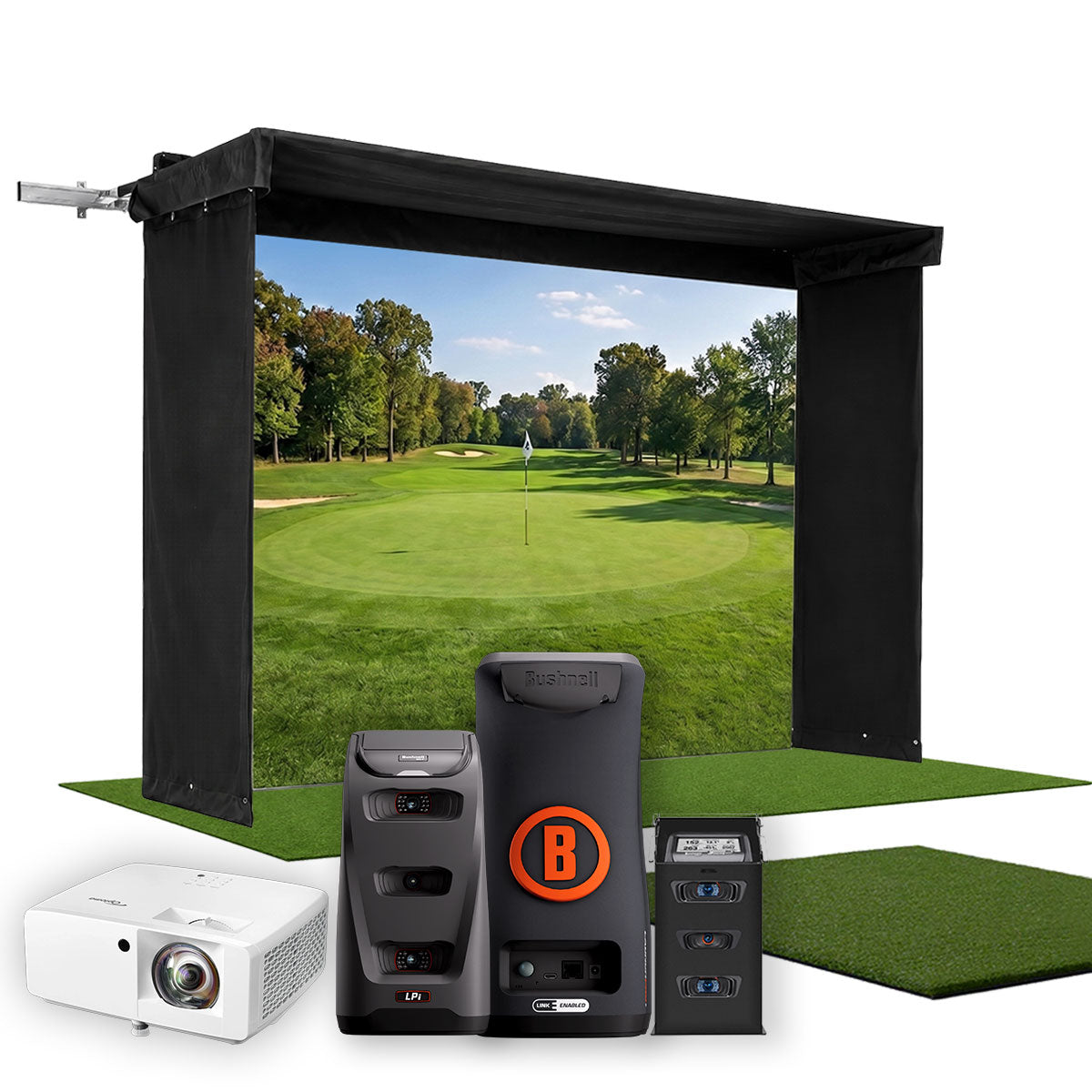 Bushnell LPi Circle B SportScreen Vanish LITE Hybrid-Retractable Golf Studio Complete Package | Home Golf Simulator Studio with Impact Screen, Enclosure, Hitting Mat, Putting Turf & Projector
