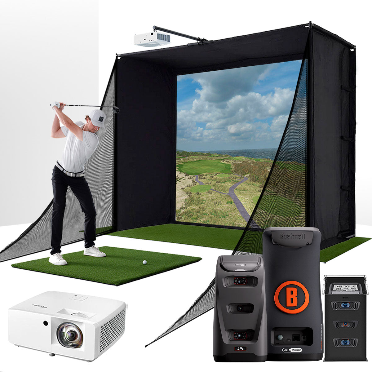 Bushnell LPi Circle B with PlayBetter SimStudio™ COMPLETE Package | Golf Simulator Studio with Impact Screen, Enclosure, Side Barriers, Hitting/Putting Mats, Projector & Protective Case