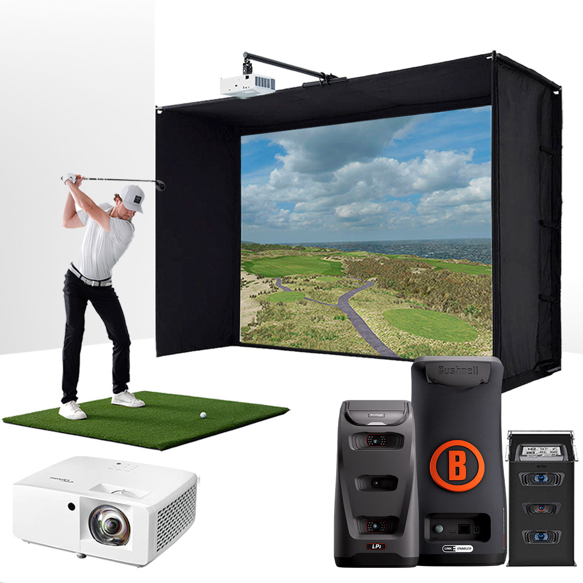Bushnell LPi Circle B with PlayBetter SimStudio™ ESSENTIALS Package | Golf Simulator Studio with Impact Screen, Enclosure, Hitting Mat & Projector