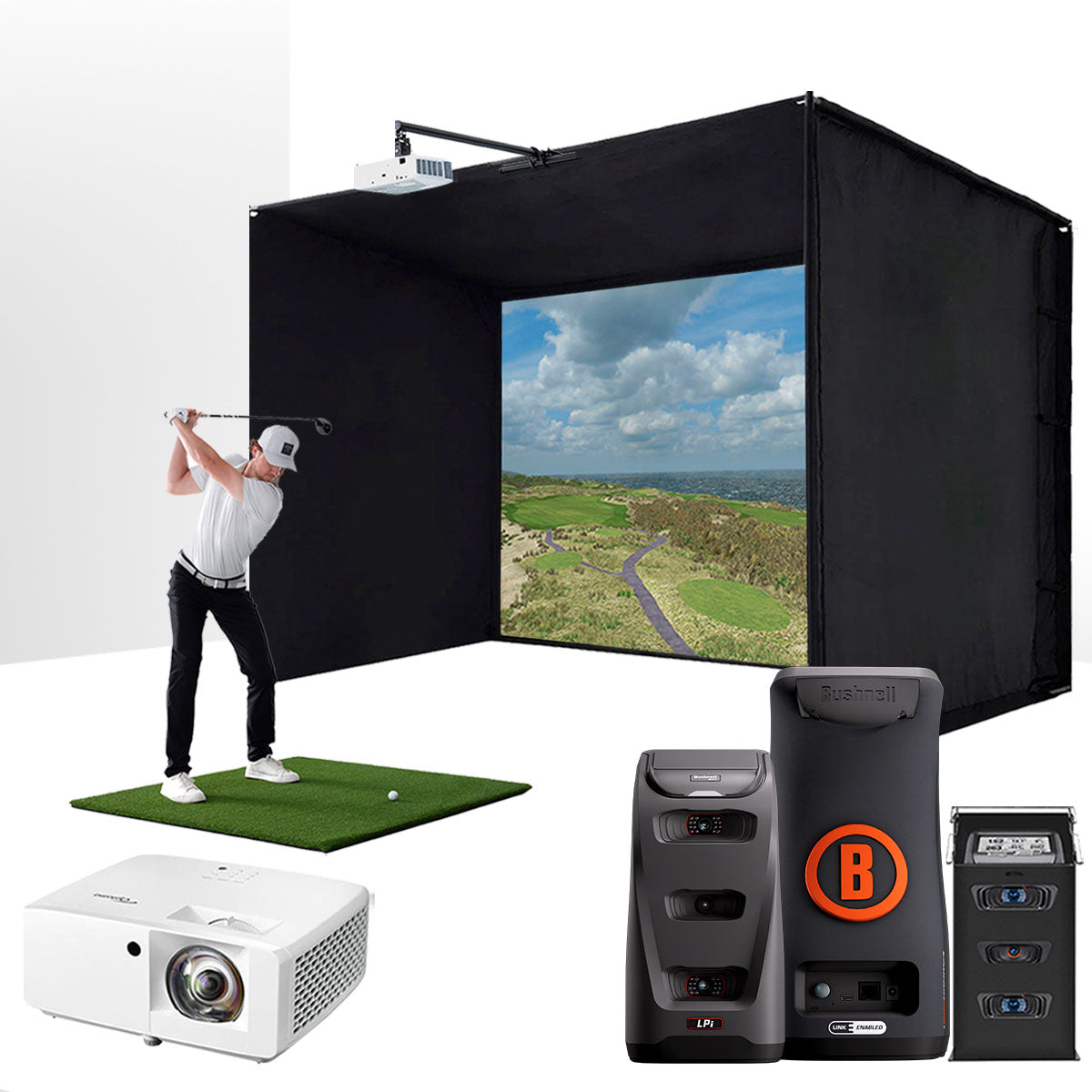 Bushnell LPi Circle B with PlayBetter SimStudio™ ESSENTIALS Package | Golf Simulator Studio with Impact Screen, Enclosure, Hitting Mat & Projector