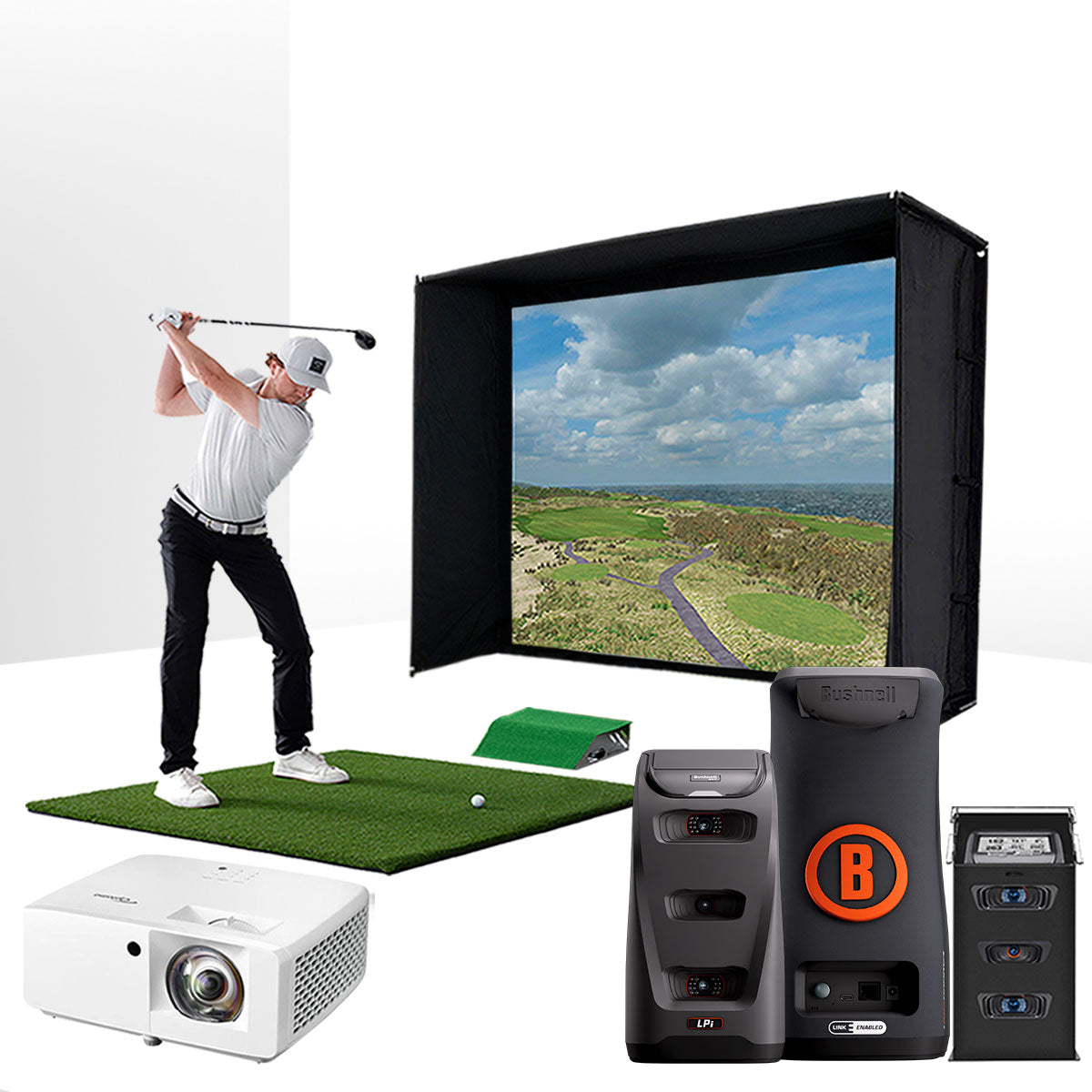 Bushnell LPi Circle B with PlayBetter SimStudio™ ESSENTIALS Package | Golf Simulator Studio with Impact Screen, Enclosure, Hitting Mat & Projector