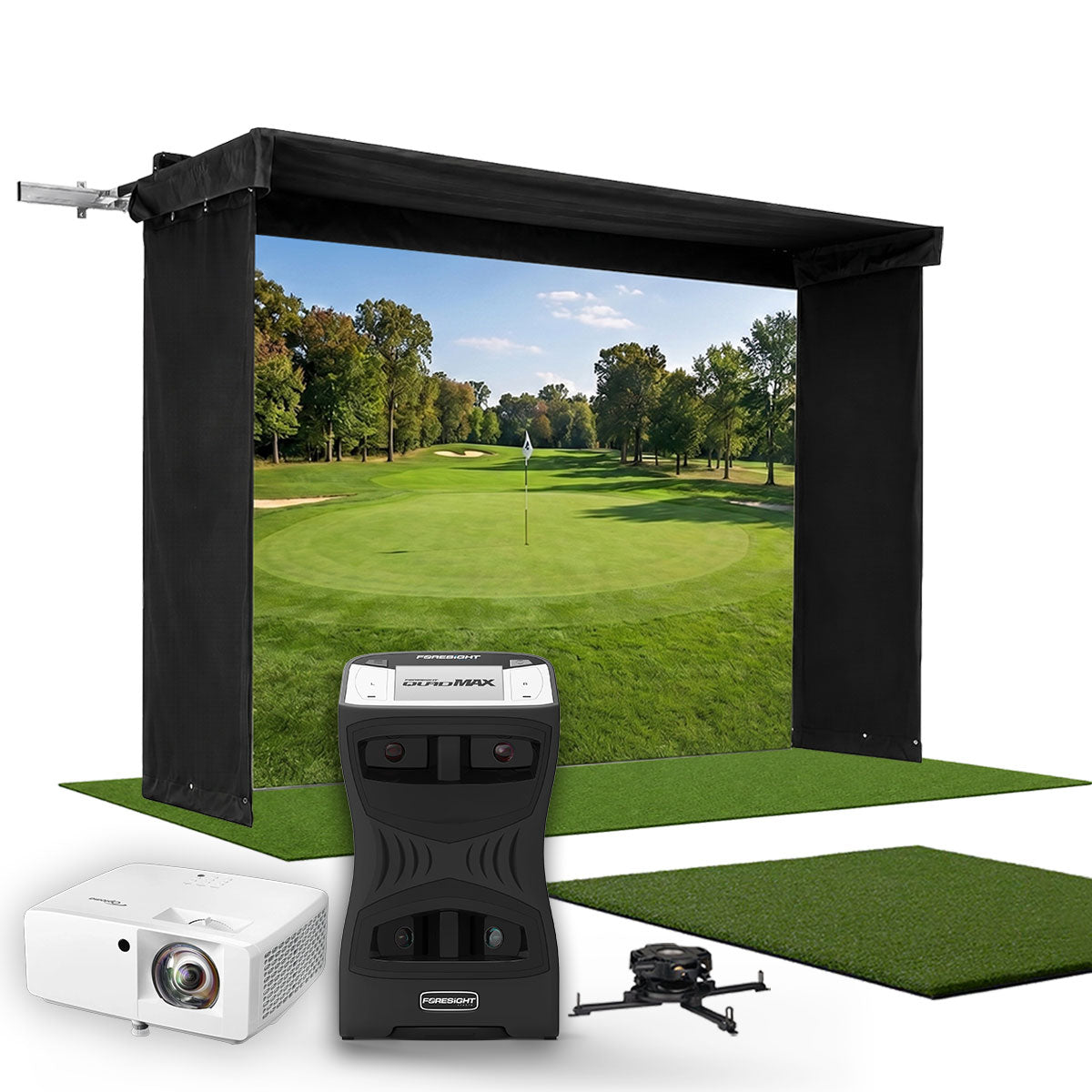 Foresight QuadMAX SportScreen Vanish LITE Hybrid-Retractable Golf Studio Complete Package | Home Golf Simulator Studio with Impact Screen, Enclosure, Hitting Mat, Putting Turf & Projector