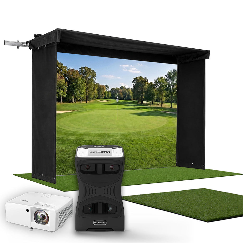Foresight QuadMAX SportScreen Vanish LITE Hybrid-Retractable Golf Studio Complete Package | Home Golf Simulator Studio with Impact Screen, Enclosure, Hitting Mat, Putting Turf & Projector