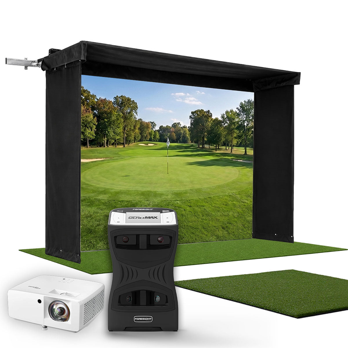 Foresight QuadMAX SportScreen Vanish LITE Hybrid-Retractable Golf Studio Complete Package | Home Golf Simulator Studio with Impact Screen, Enclosure, Hitting Mat, Putting Turf & Projector