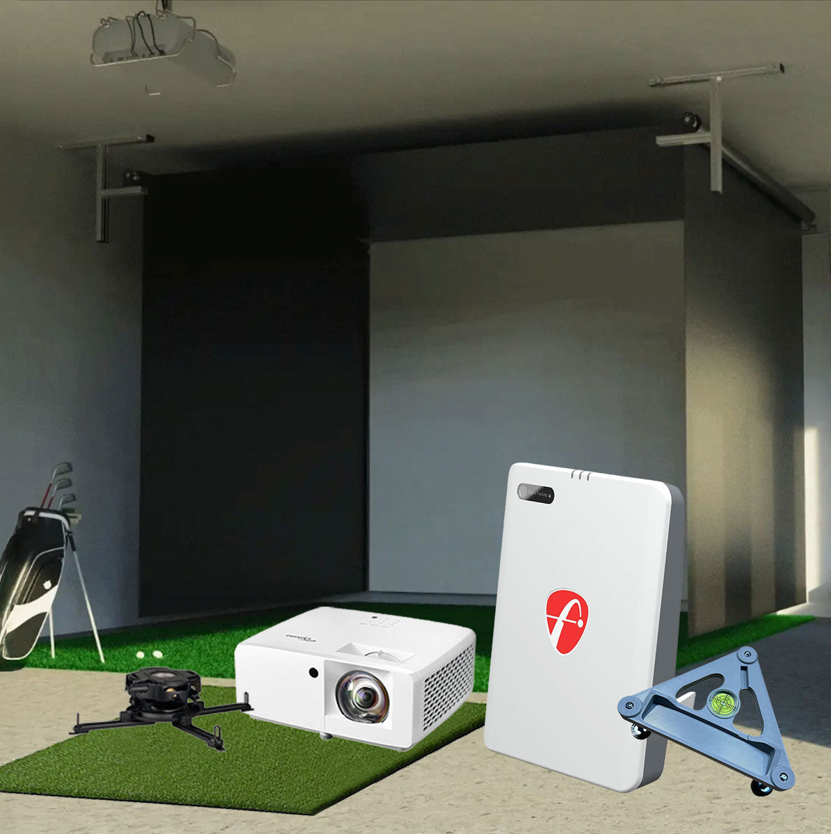 FlightScope Mevo Gen2 SportScreen Vanish Retractable Golf Studio Complete Package | Home Golf Simulator Studio with Impact Screen, Enclosure, Hitting Mat, Putting Turf & Projector