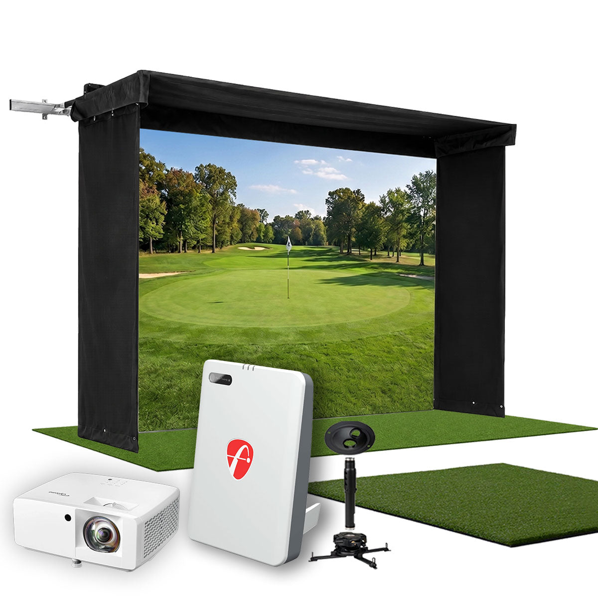 FlightScope Mevo Gen2 SportScreen Vanish LITE Hybrid-Retractable Golf Studio Complete Package | Home Golf Simulator Studio with Impact Screen, Enclosure, Hitting Mat, Putting Turf & Projector