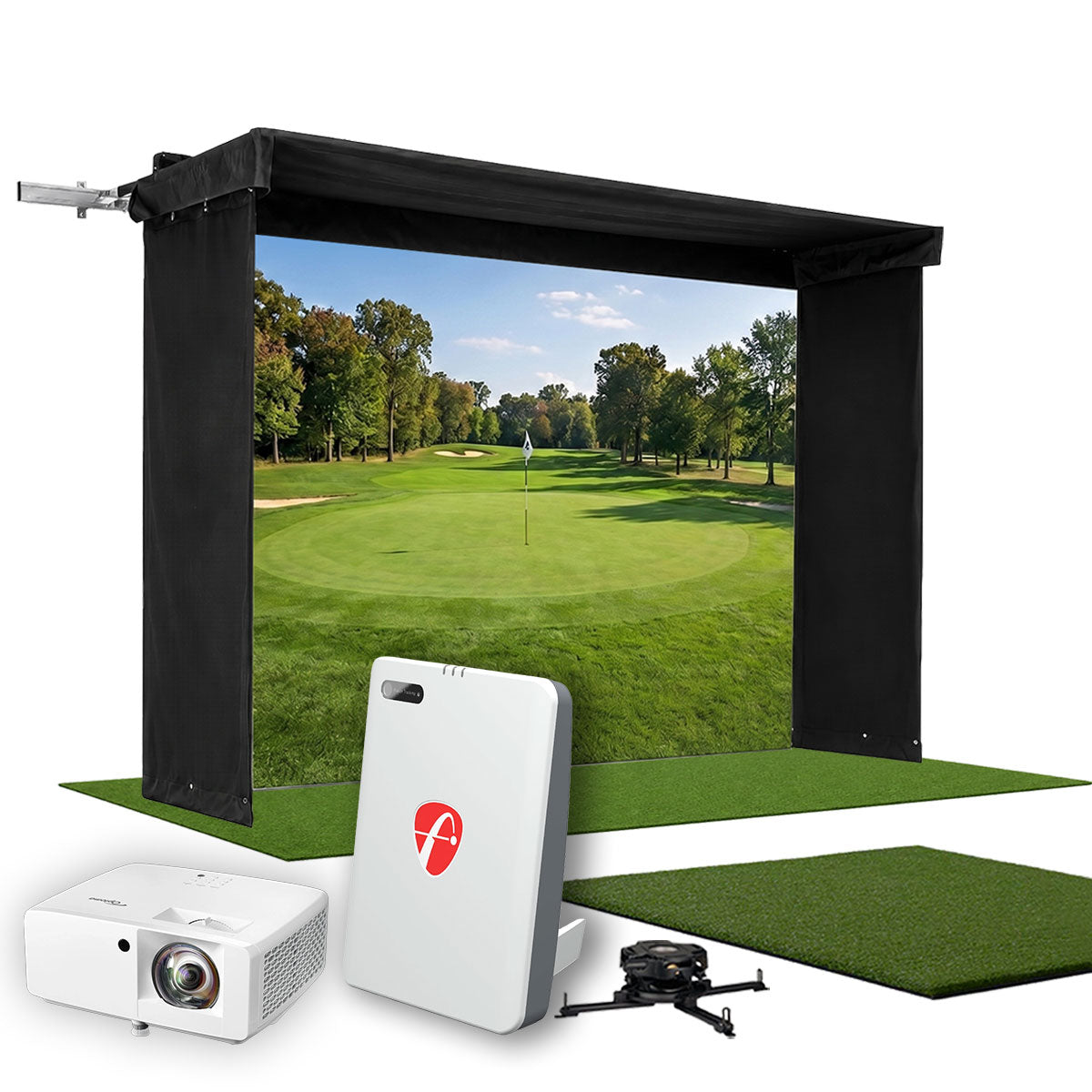 FlightScope Mevo Gen2 SportScreen Vanish LITE Hybrid-Retractable Golf Studio Complete Package | Home Golf Simulator Studio with Impact Screen, Enclosure, Hitting Mat, Putting Turf & Projector