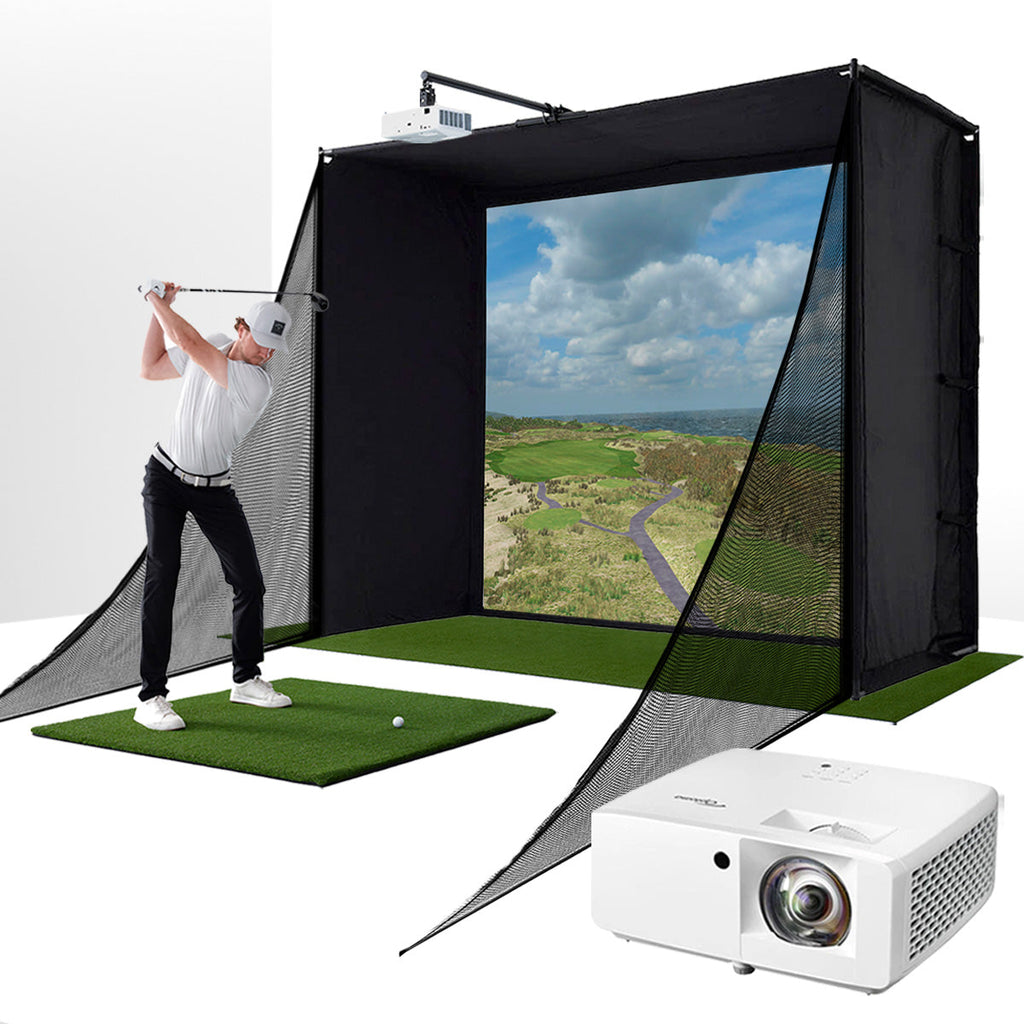 PlayBetter SimStudio™ COMPLETE by Golficity | Home Golf Simulator Package with Enclosure, Impact Screen, Hitting/Putting Mats, Side Barriers & Projector