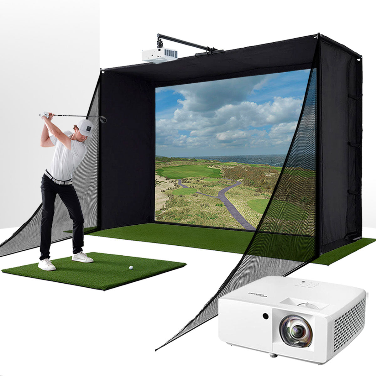 PlayBetter SimStudio™ COMPLETE Home Golf Simulator Package | Enclosure, Impact Screen, Hitting/Putting Mats, Side Barriers & Projector