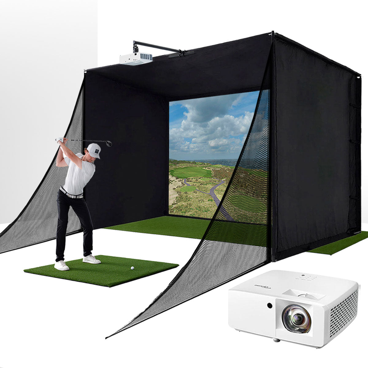 PlayBetter SimStudio™ COMPLETE by Golfbusters | Home Golf Simulator Package with Enclosure, Impact Screen, Hitting/Putting Mats, Side Barriers & Projector
