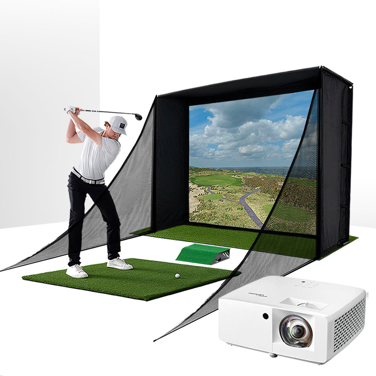 PlayBetter SimStudio™ COMPLETE by Lets Play Thru | Home Golf Simulator Package with Enclosure, Impact Screen, Hitting/Putting Mats, Side Barriers & Projector