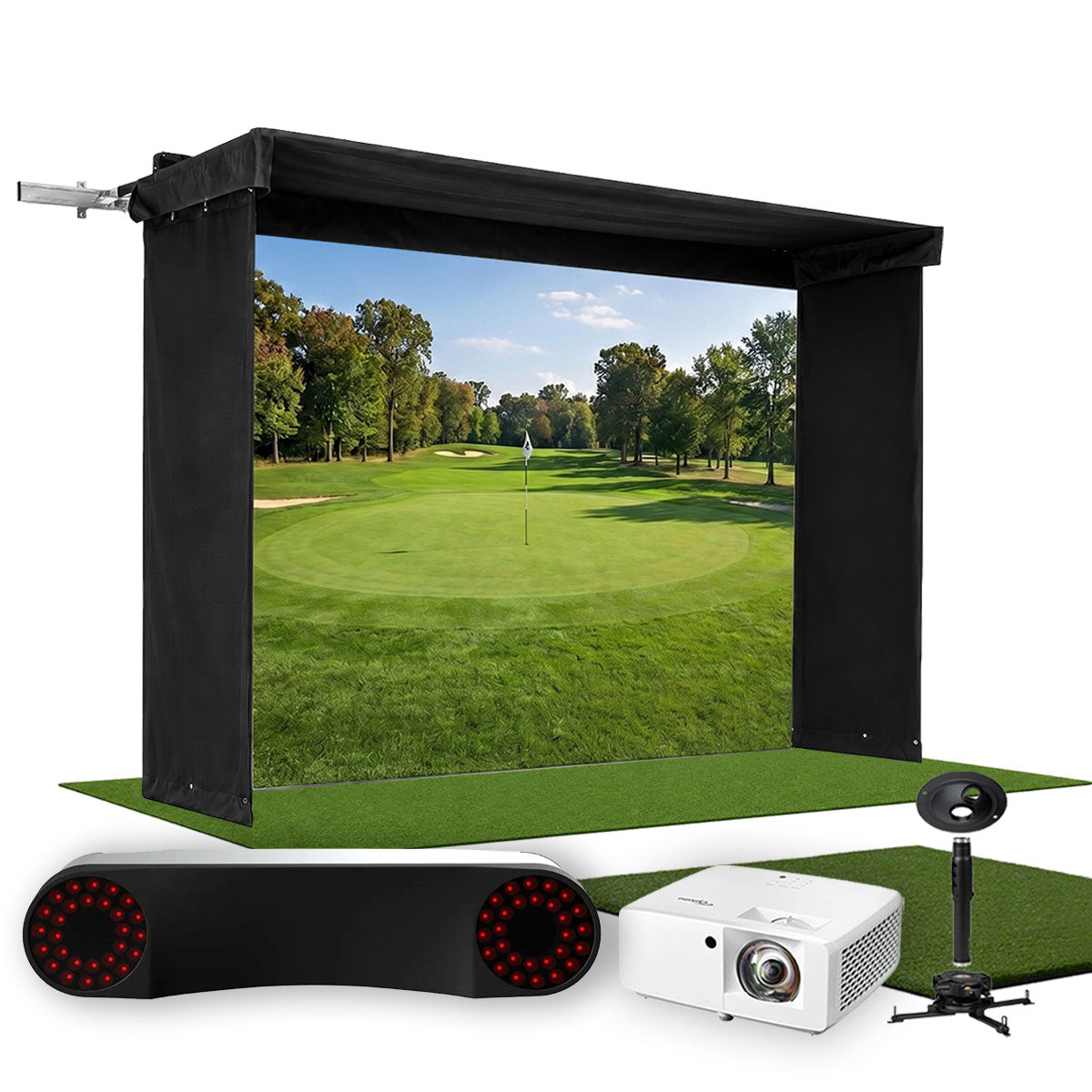 ProTee VX SportScreen Vanish LITE Hybrid-Retractable Golf Studio Complete Package | Home Golf Simulator Studio with Impact Screen, Enclosure, Hitting Mat, Putting Turf & Projector