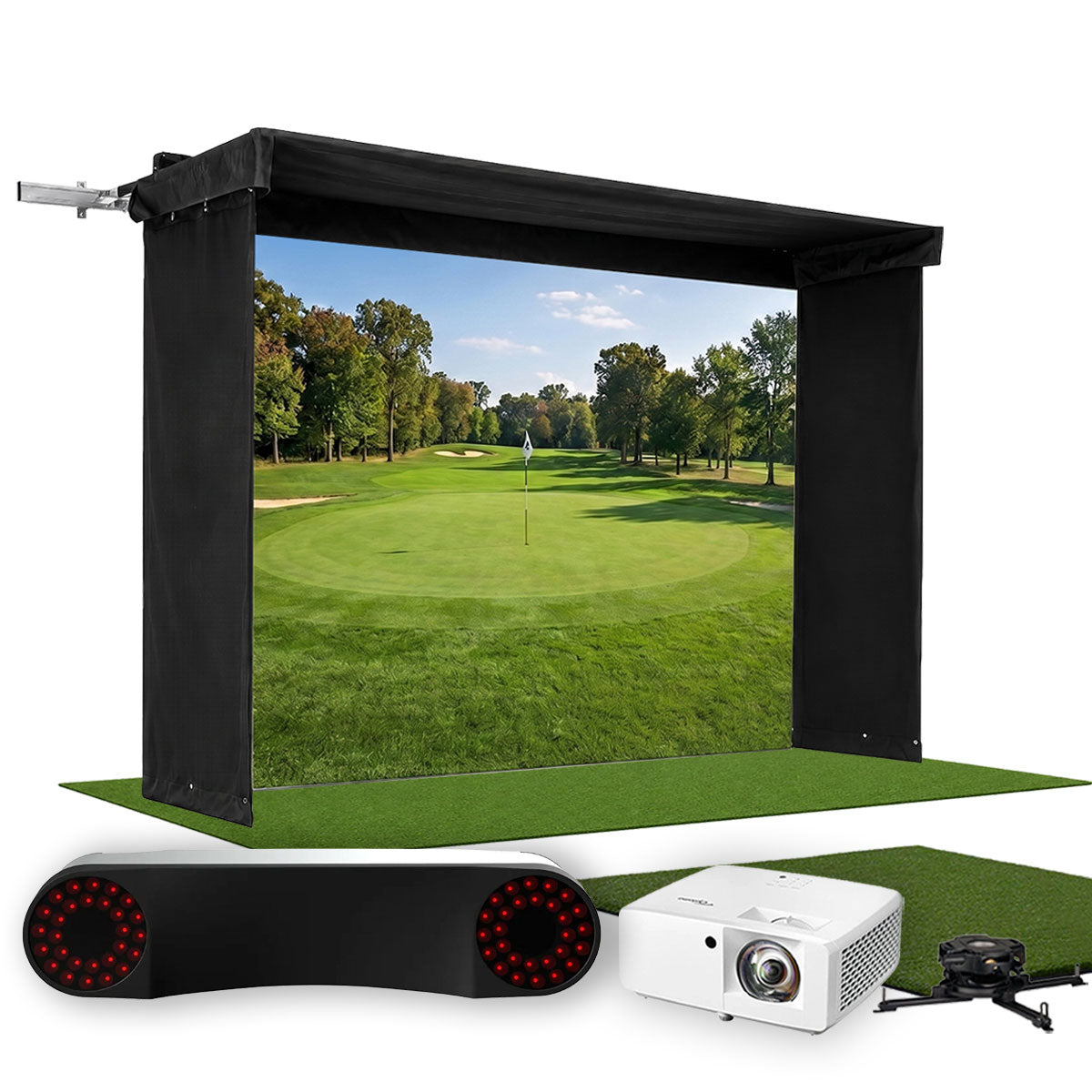 ProTee VX SportScreen Vanish LITE Hybrid-Retractable Golf Studio Complete Package | Home Golf Simulator Studio with Impact Screen, Enclosure, Hitting Mat, Putting Turf & Projector