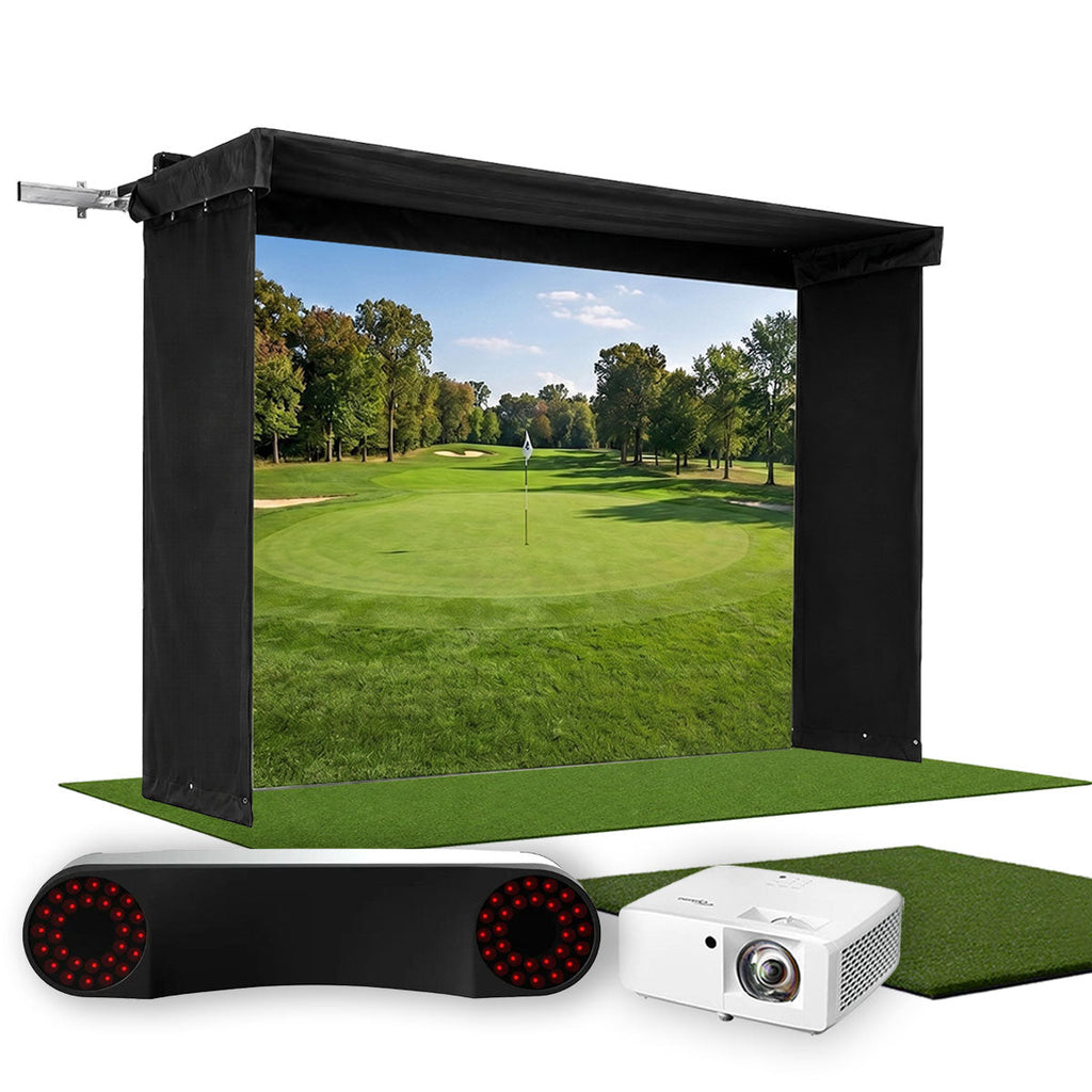 ProTee VX SportScreen Vanish LITE Hybrid-Retractable Golf Studio Complete Package | Home Golf Simulator Studio with Impact Screen, Enclosure, Hitting Mat, Putting Turf & Projector