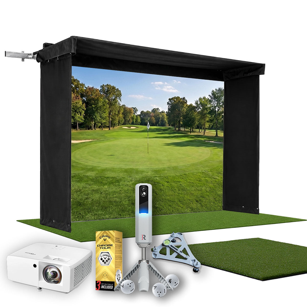 Rapsodo MLM2PRO SportScreen Vanish LITE Hybrid-Retractable Golf Studio Complete Package | Home Golf Simulator Studio with Impact Screen, Enclosure, Hitting Mat, Putting Turf & Projector