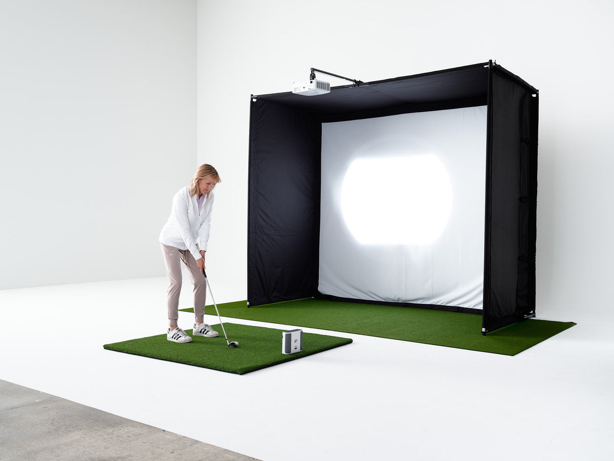 PlayBetter SimStudio™ COMPLETE by Golfbusters | Home Golf Simulator Package with Enclosure, Impact Screen, Hitting/Putting Mats, Side Barriers & Projector