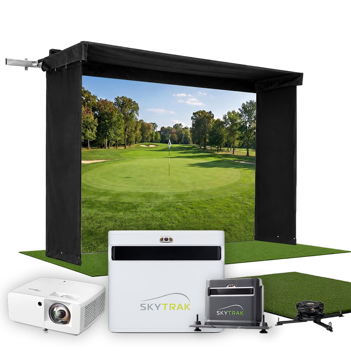 SkyTrak+ SportScreen Vanish LITE Hybrid-Retractable Golf Studio Complete Package | Home Golf Simulator Studio with Impact Screen, Enclosure, Hitting Mat, Putting Turf, Projector & 1-Year FREE Foresight Course Play