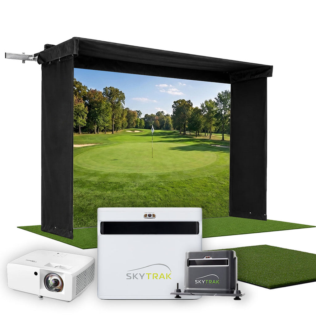 SkyTrak+ SportScreen Vanish LITE Hybrid-Retractable Golf Studio Complete Package | Home Golf Simulator Studio with Impact Screen, Enclosure, Hitting Mat, Putting Turf, Projector & 1-Year FREE Foresight Course Play