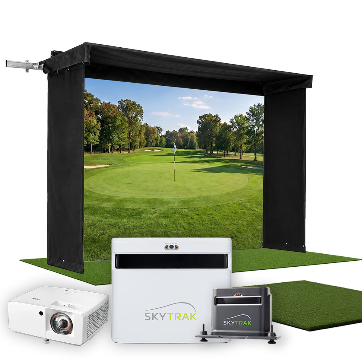 SkyTrak+ SportScreen Vanish LITE Hybrid-Retractable Golf Studio Complete Package | Home Golf Simulator Studio with Impact Screen, Enclosure, Hitting Mat, Putting Turf, Projector & 1-Year FREE Foresight Course Play