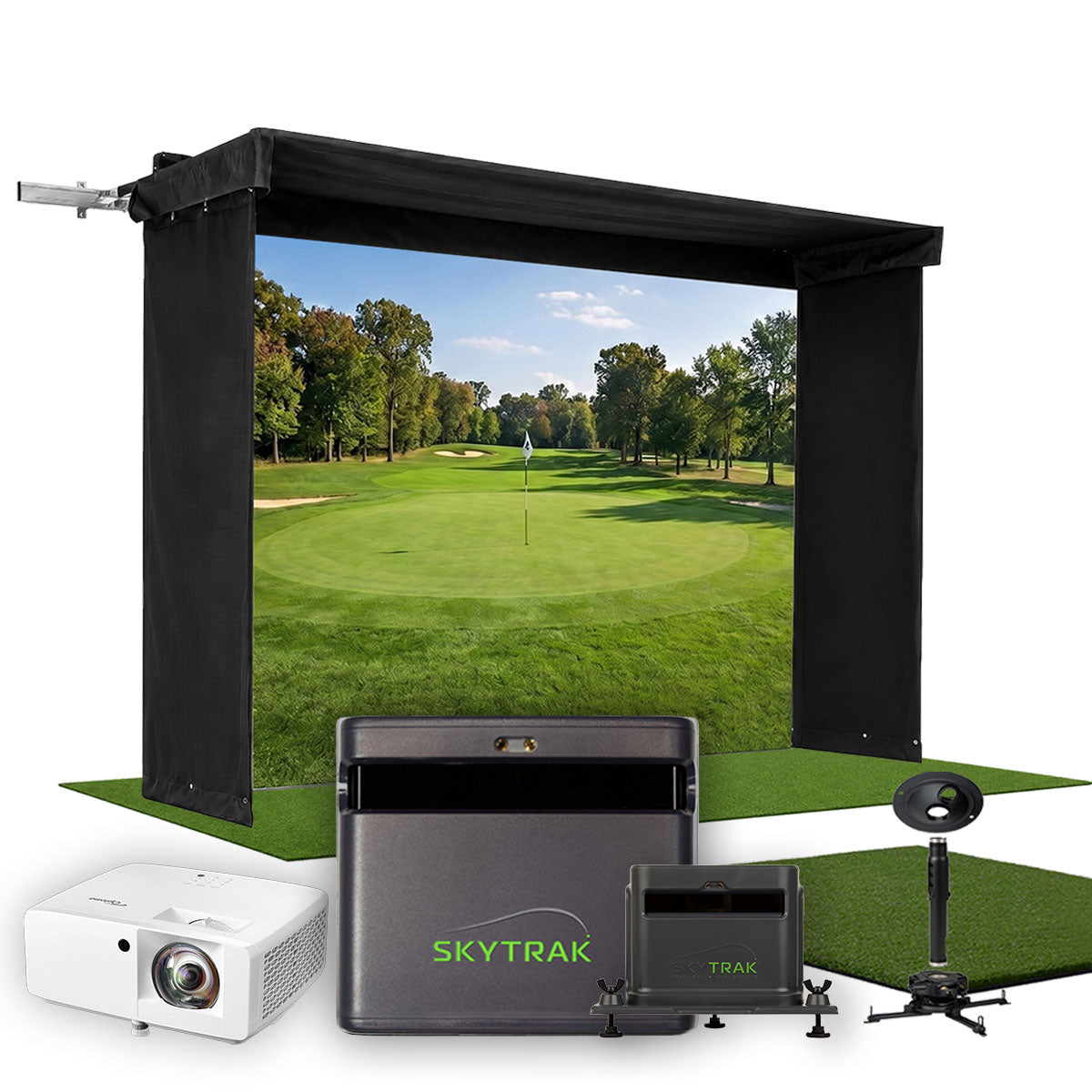 SkyTrak ST MAX SportScreen Vanish LITE Hybrid-Retractable Golf Studio Complete Package | Home Golf Simulator Studio with Impact Screen, Enclosure, Hitting Mat, Putting Turf & Projector
