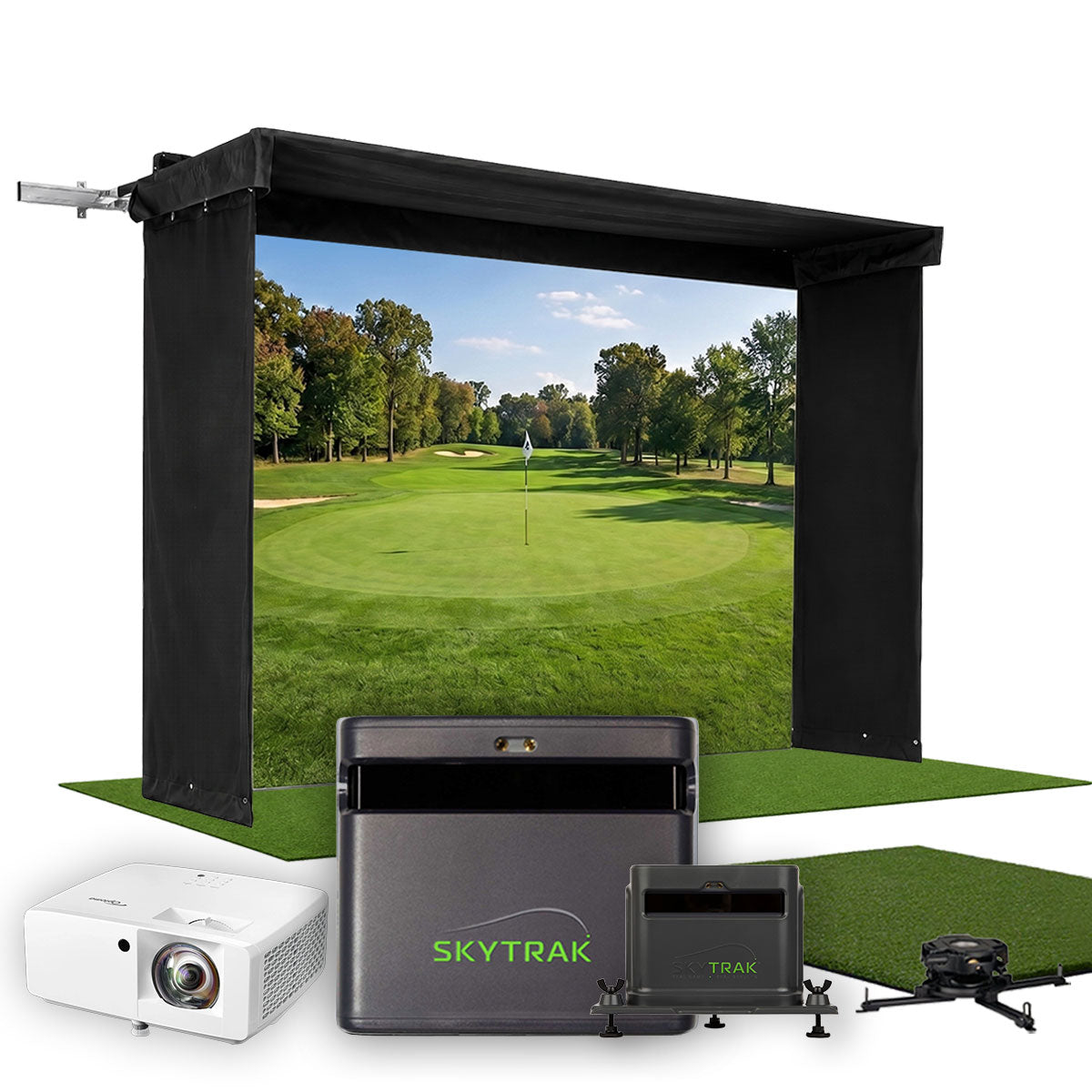 SkyTrak ST MAX SportScreen Vanish LITE Hybrid-Retractable Golf Studio Complete Package | Home Golf Simulator Studio with Impact Screen, Enclosure, Hitting Mat, Putting Turf & Projector