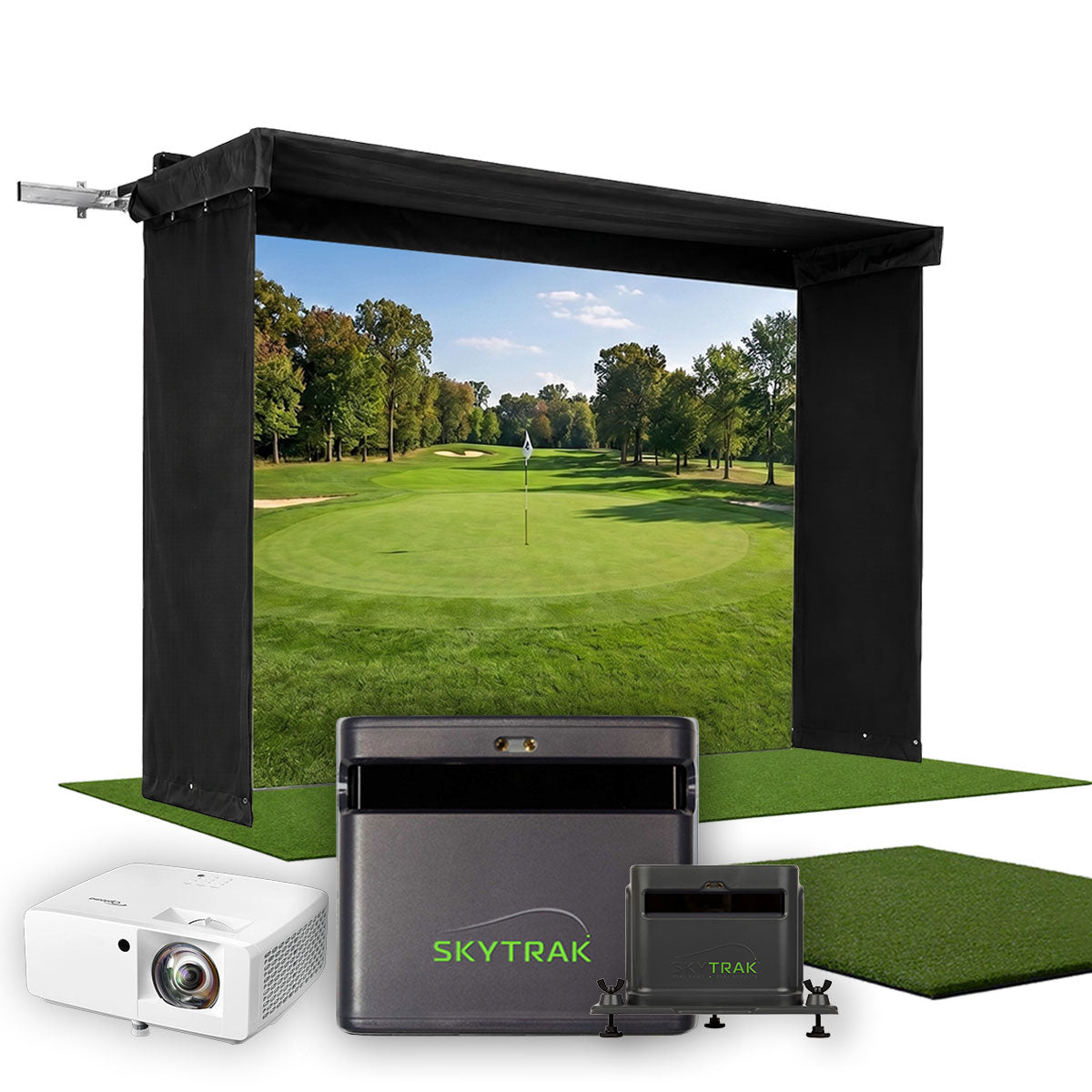SkyTrak ST MAX SportScreen Vanish LITE Hybrid-Retractable Golf Studio Complete Package | Home Golf Simulator Studio with Impact Screen, Enclosure, Hitting Mat, Putting Turf & Projector