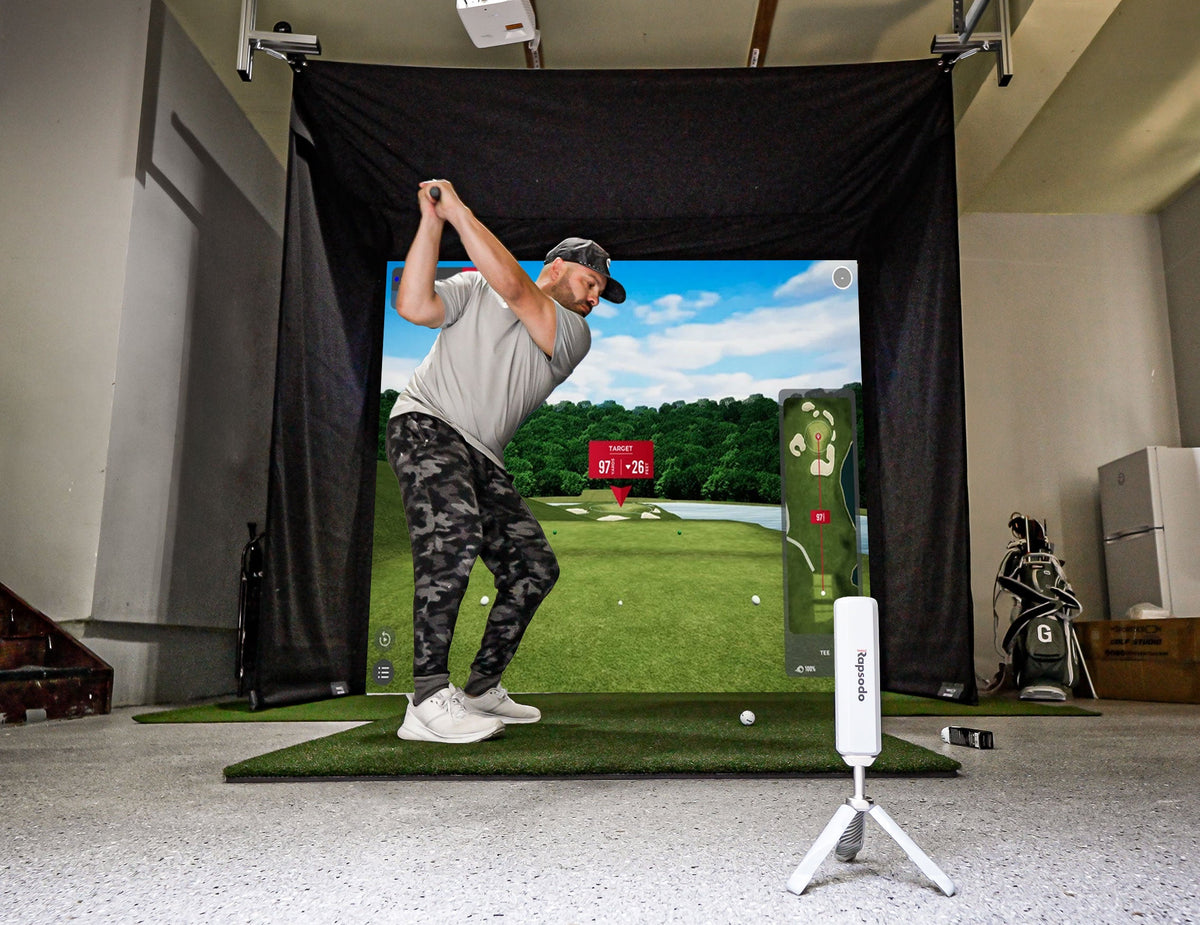 SportScreen Vanish Retractable Golf Studio Complete Package by Golficity | Home Golf Simulator Studio with Impact Screen, Enclosure, Hitting Mat, Putting Turf & Projector