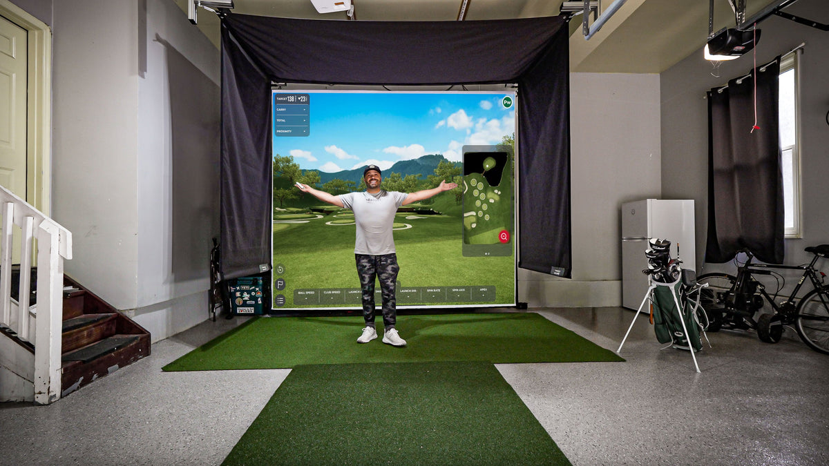 SportScreen Vanish Retractable Golf Studio Complete Package by Golficity | Home Golf Simulator Studio with Impact Screen, Enclosure, Hitting Mat, Putting Turf & Projector