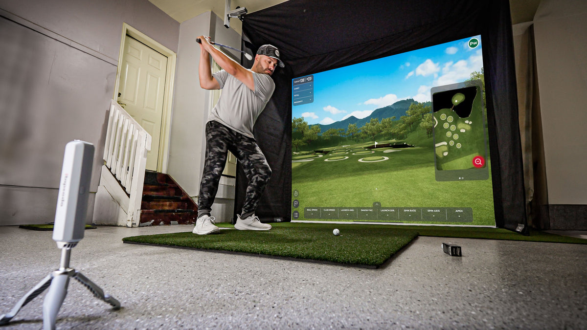 SportScreen Vanish Retractable Golf Studio Complete Package by Golficity | Home Golf Simulator Studio with Impact Screen, Enclosure, Hitting Mat, Putting Turf & Projector